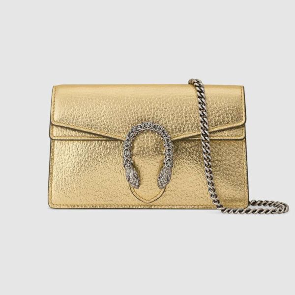 Gucci Women Dionysus Super Mini Bag Metallic Lamé Leather Tiger Head-Gold