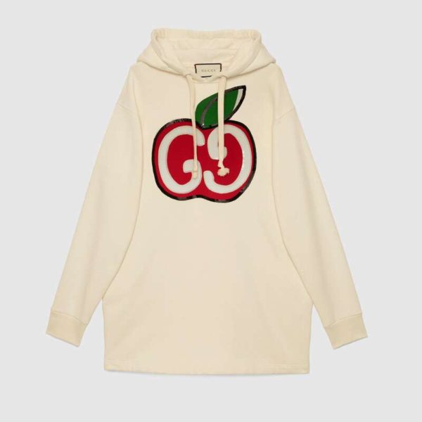 Gucci Women Hooded Dress with GG Apple Print White Organic Cotton Jersey