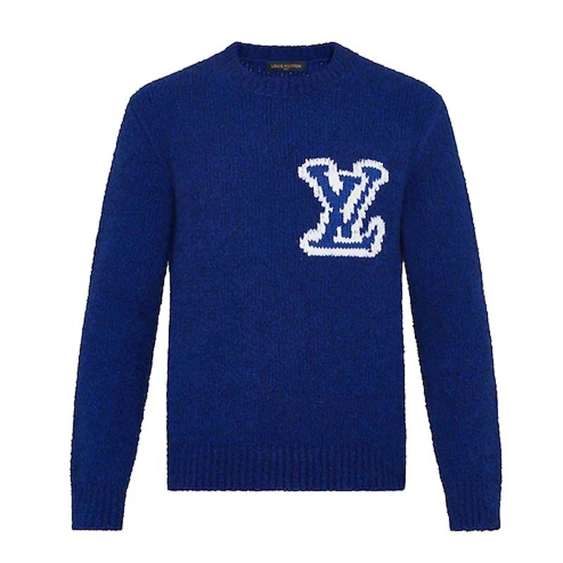 Louis Vuitton LV Men LV Intarsia Crewneck Regular Fit Wool-Blue - LULUX