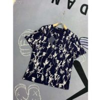 Louis Vuitton LV Men LV Leaf Discharge T-shirt Regular Fit Cotton-Blue