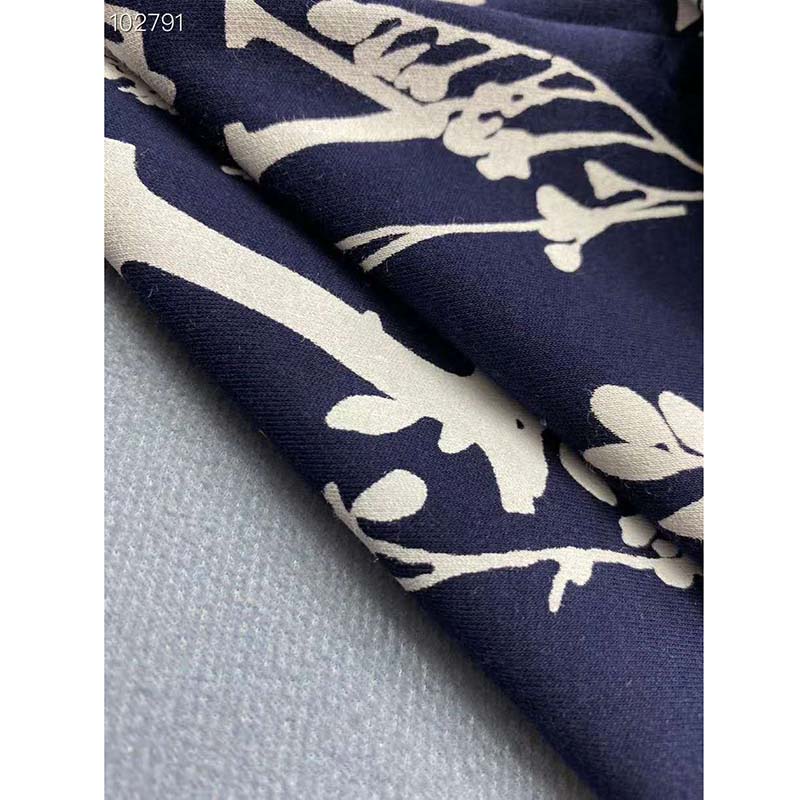 Louis Vuitton Navy Blue Leaf Discharge Printed Cotton Crewneck T