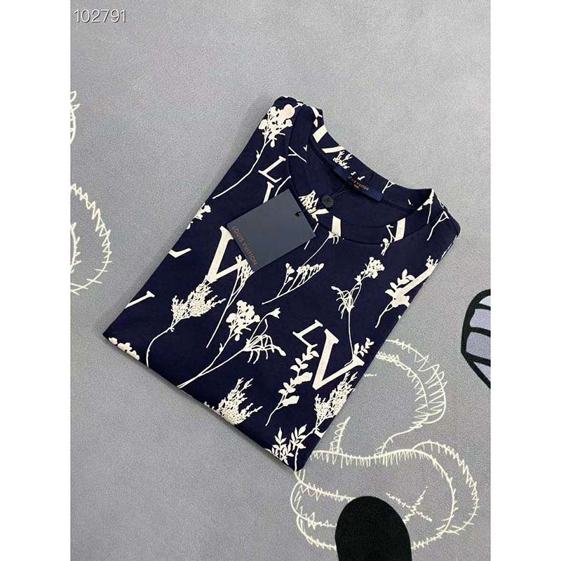 Louis Vuitton Navy Blue Leaf Discharge Printed Cotton Crewneck T