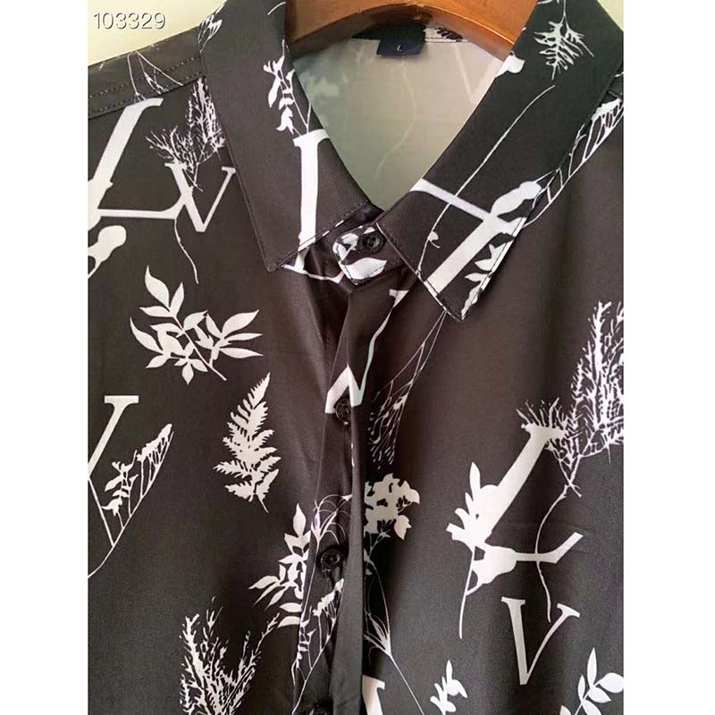 Louis Vuitton - LV Leaf Print Silk Long Sleeve Men Shirt Dark Grey XXL