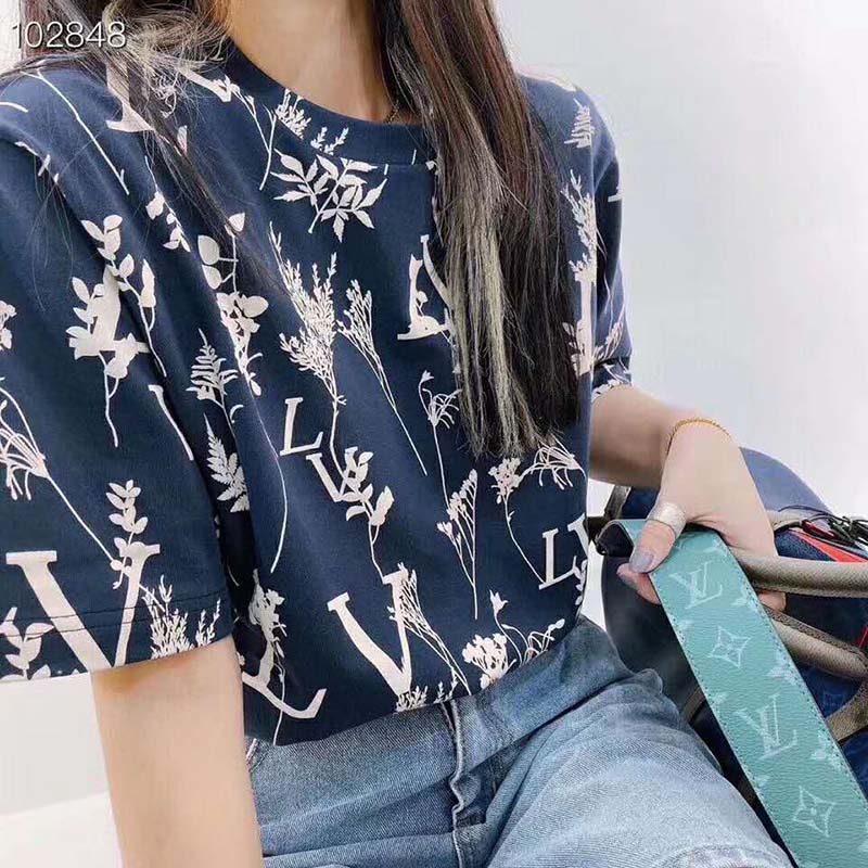 Louis Vuitton Navy Blue Leaf Discharge Printed Cotton Crewneck T