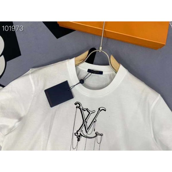 Louis Vuitton Men LV Pendant Embroidery T-Shirt Cotton White Loose Fit (10)