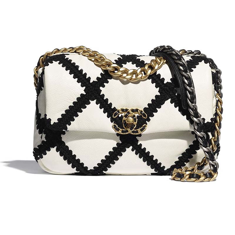 Chanel Women 19 Flap Bag in Calfskin Crochet White & Black - LULUX