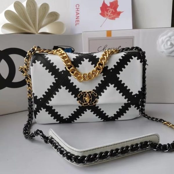 Chanel Women 19 Flap Bag in Calfskin Crochet White & Black - LULUX