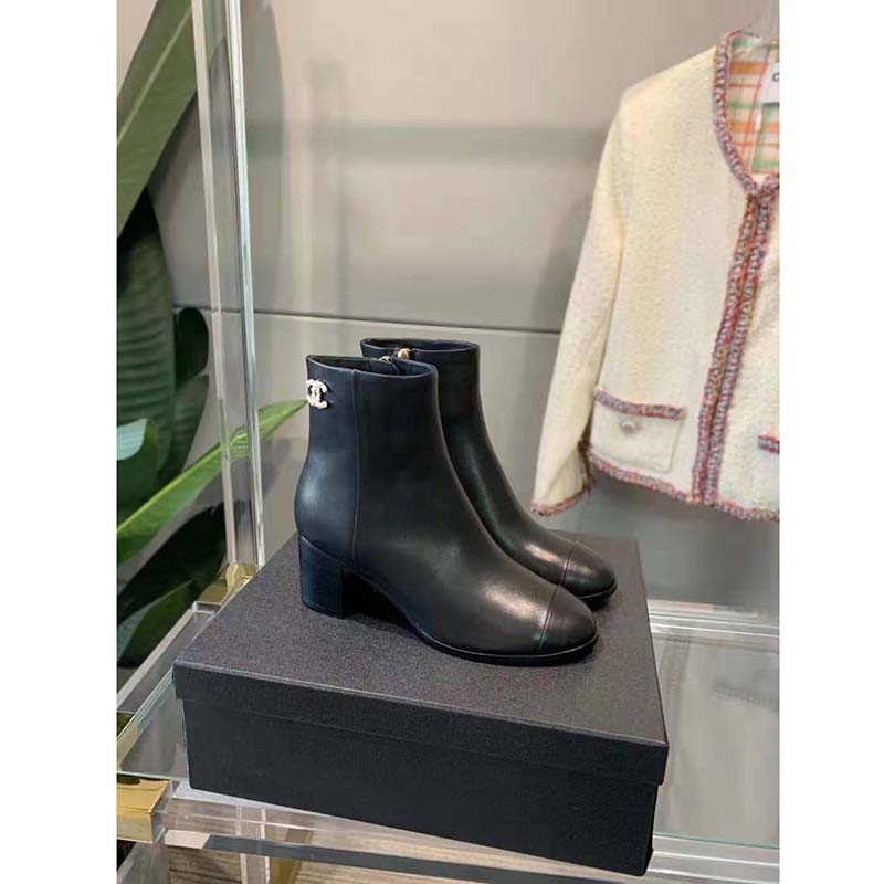 Chanel Women Ankle Boots Calfskin Black 6.5 cm 2.6 in Heel - LULUX