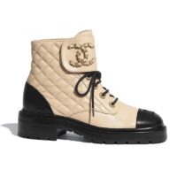 Chanel Women Lace-Ups Shiny Goatskin & Calfskin Beige 2 cm Heel