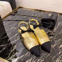 Chanel Women Mary Janes Laminated Lambskin & Grosgrain Gold & Black 1 cm Heel
