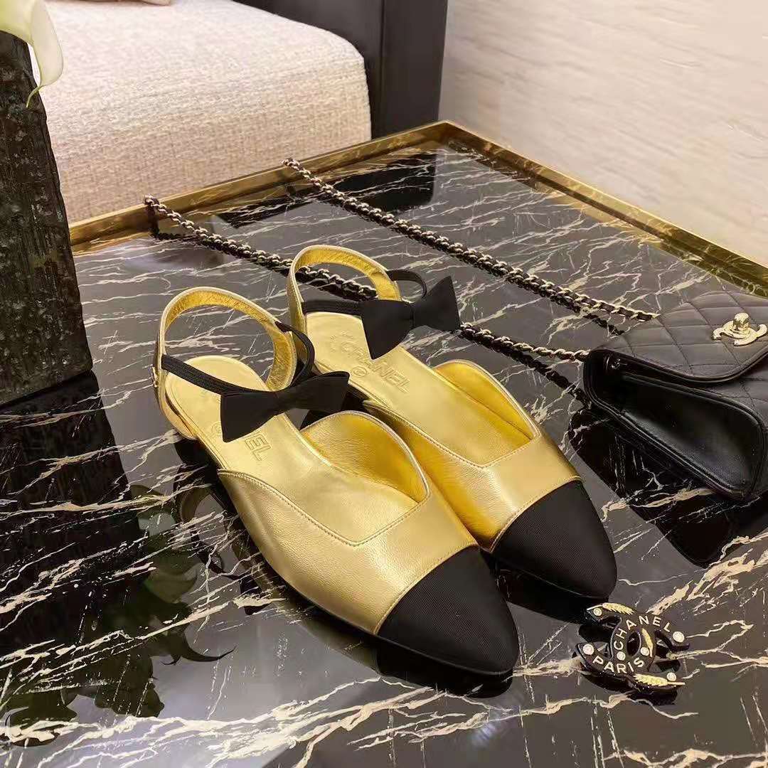 Laminated Lambskin & Grosgrain Gold & Black Slingbacks, CHANEL