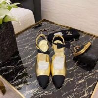 Chanel Women Pumps Laminated Lambskin & Grosgrain Gold & Black 7.9 cm Heel