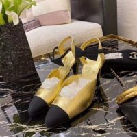 Chanel Women Pumps Laminated Lambskin & Grosgrain Gold & Black 7.9 cm Heel