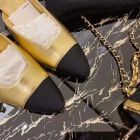 Chanel Women Pumps Laminated Lambskin & Grosgrain Gold & Black 7.9 cm Heel