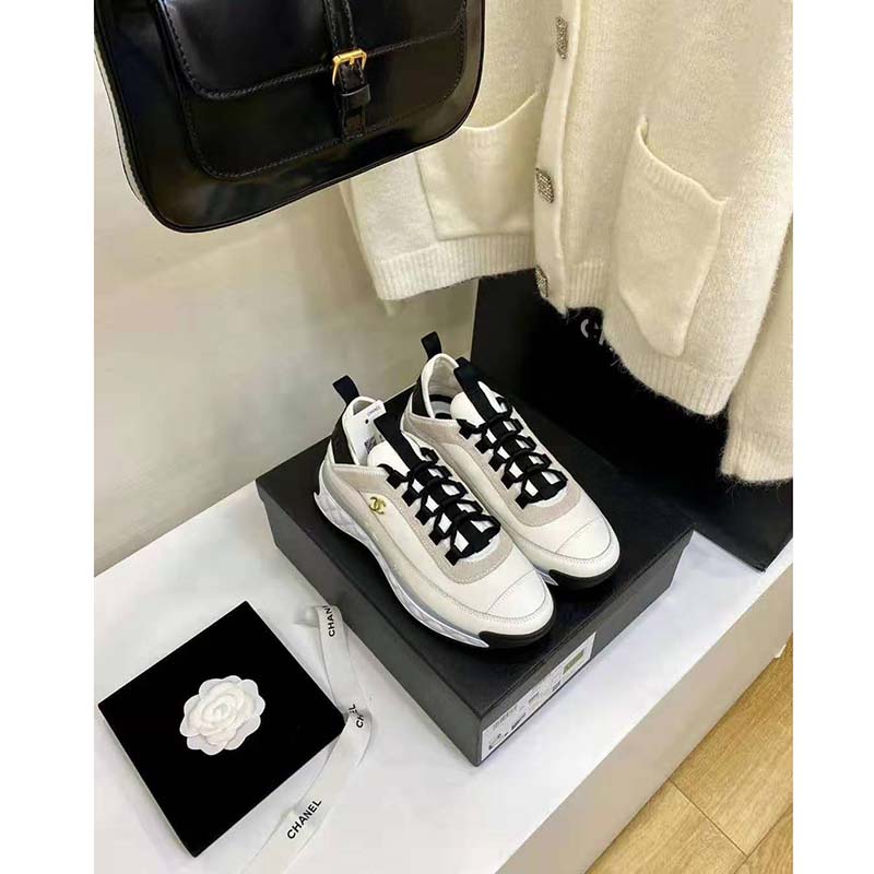 Chanel Women Sneakers Suede Calfskin Nylon & Grosgrain White Gray & Yellow  - LULUX