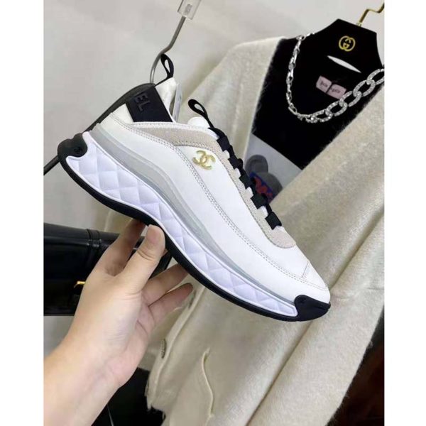 Chanel Women Sneakers Suede Calfskin Nylon & Grosgrain White Gray & Yellow (4)