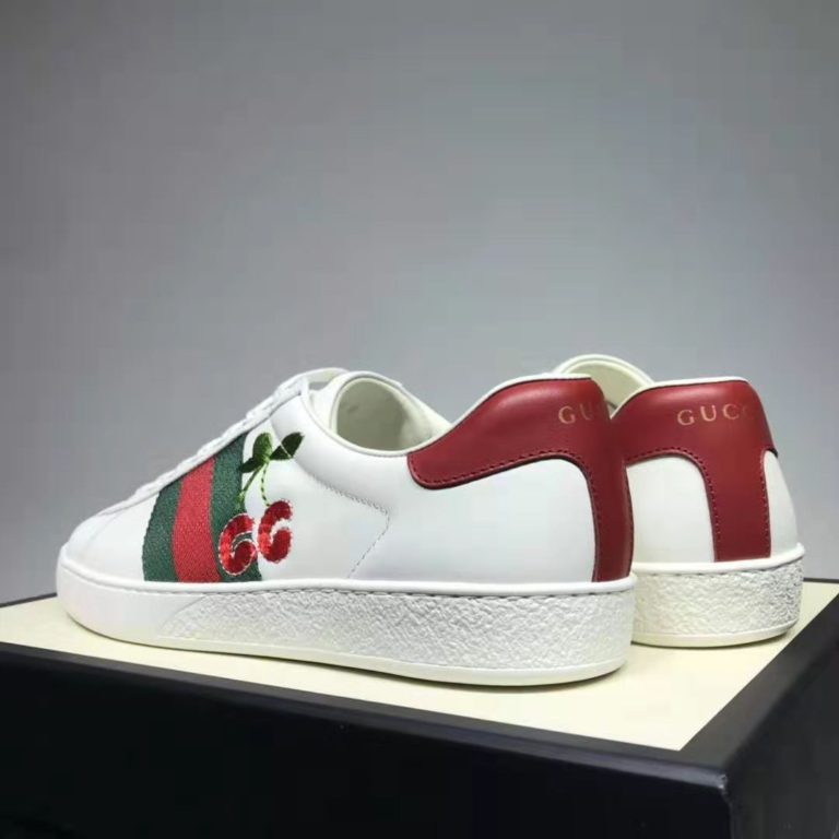 Gucci GG Unisex Ace Sneaker with Cherry White Leather Green Red Web - LULUX