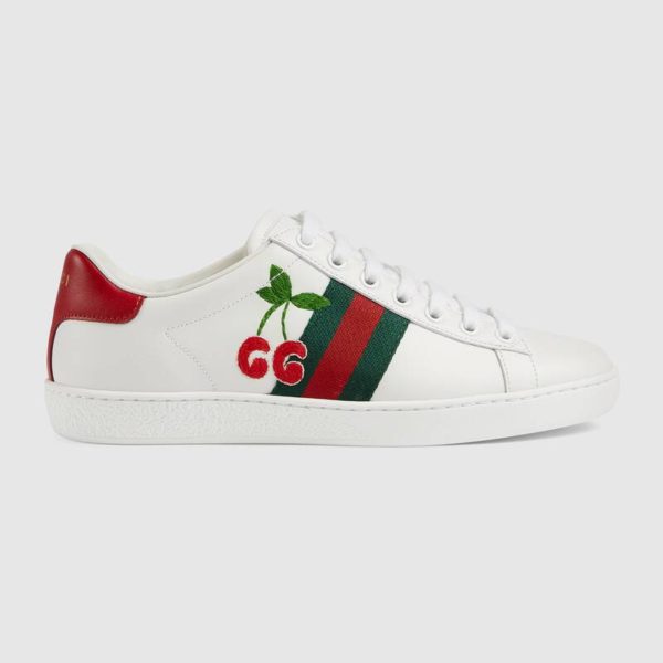 Gucci GG Unisex Ace Sneaker with Cherry White Leather Green Red Web - LULUX