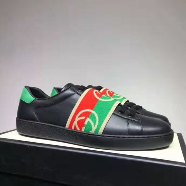 Gucci GG Unisex Ace Sneaker with Elastic Web Interlocking G Black Leather (3)