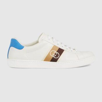 Gucci GG Unisex Ace Sneaker with Interlocking G White Leather Light Blue