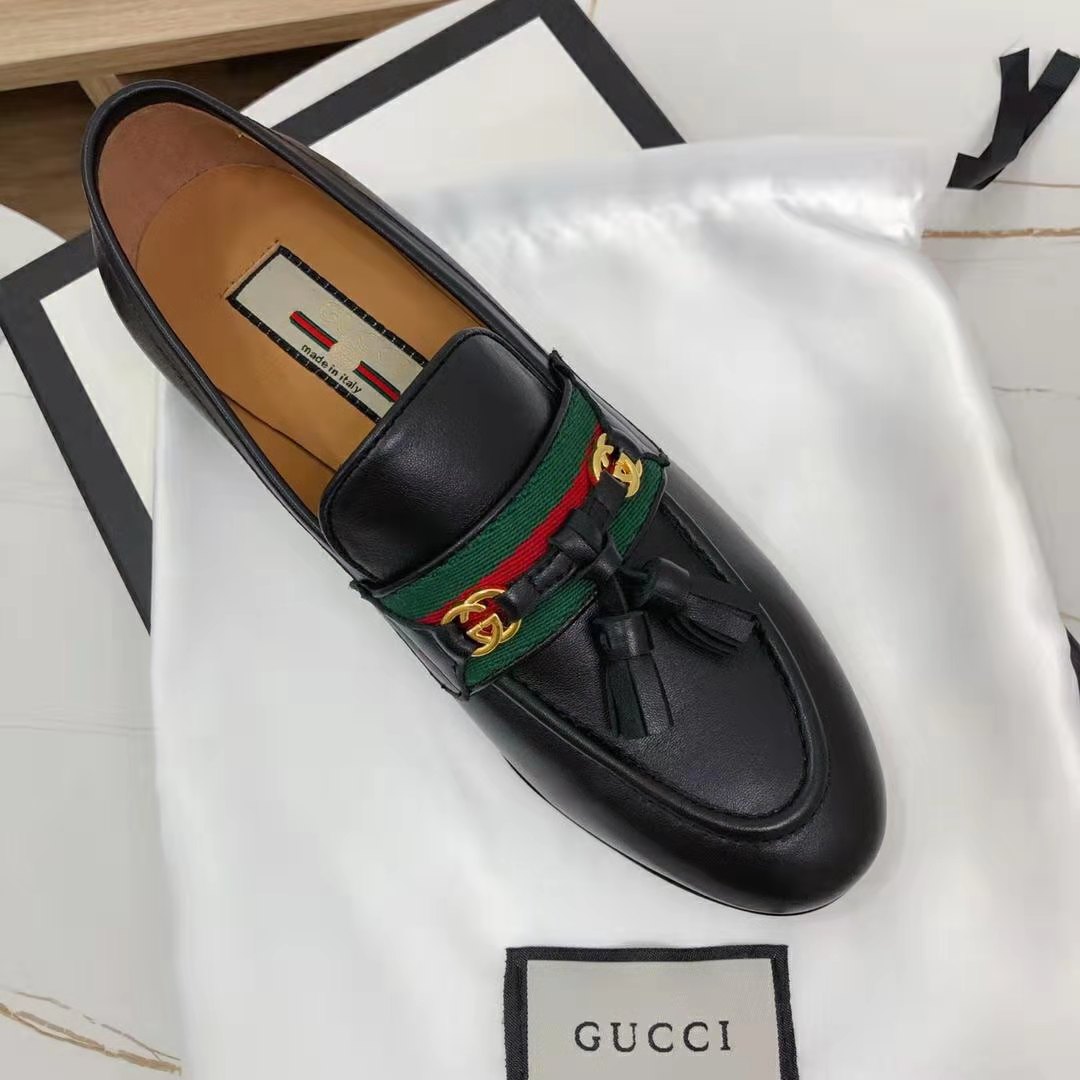 Gucci GG Unisex Loafer with Web and Interlocking G Black Leather - LULUX