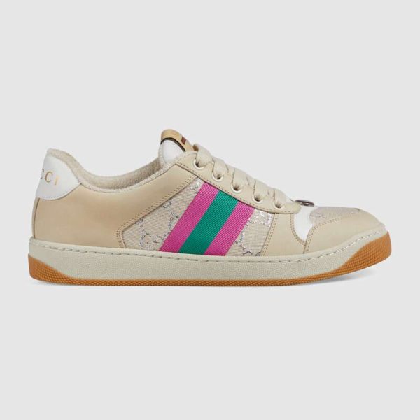 Gucci GG Unisex Screener Sneaker with Web Cream Scrap Less Leather-Beige