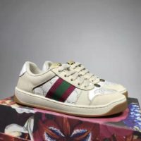 Gucci GG Unisex Screener Sneaker with Web Cream Scrap Less Leather-Beige