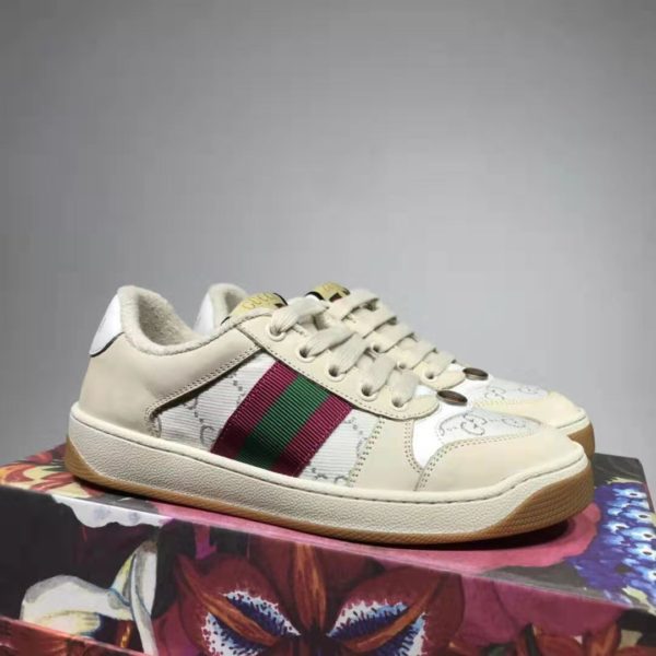 Gucci GG Unisex Screener Sneaker with Web Cream Scrap Less Leather-Beige (5)