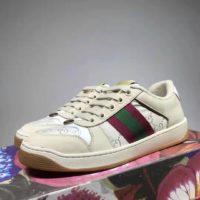 Gucci GG Unisex Screener Sneaker with Web Cream Scrap Less Leather-Beige