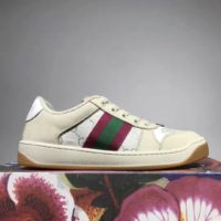 Gucci GG Unisex Screener Sneaker with Web Cream Scrap Less Leather-Beige