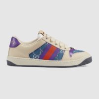 Gucci GG Unisex Screener Sneaker with Web Ivory Scrap Less Leather-Blue