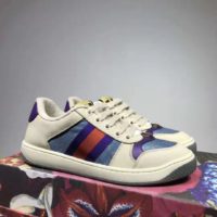 Gucci GG Unisex Screener Sneaker with Web Ivory Scrap Less Leather-Blue