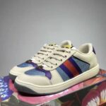 Gucci GG Unisex Screener Sneaker with Web Ivory Scrap Less Leather-Blue – Bild 3