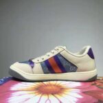 Gucci GG Unisex Screener Sneaker with Web Ivory Scrap Less Leather-Blue – Bild 4