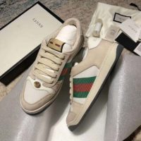 Gucci Unisex Screener Leather Sneaker White Perforated and Off-White Leather