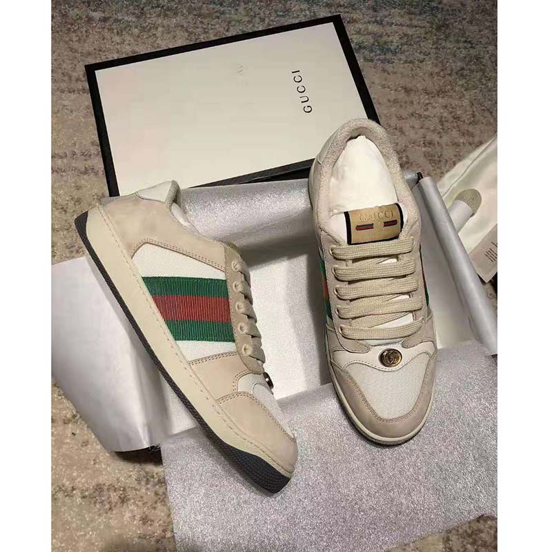 Gucci Unisex Screener Leather Sneaker White Perforated and Off-White ...