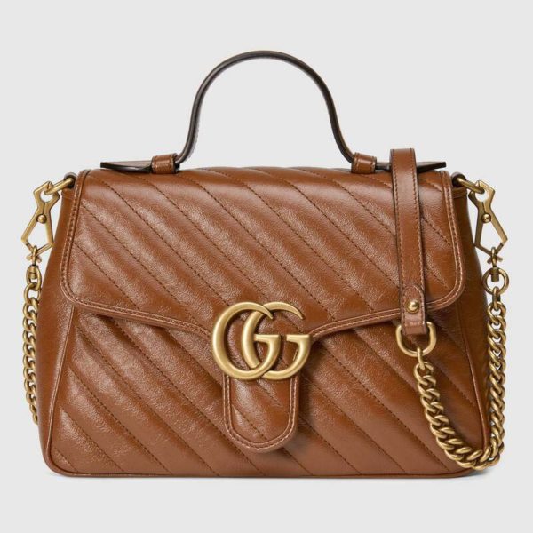 Gucci Women GG Marmont Small Top Handle Bag Brown Diagonal Matelassé Leather