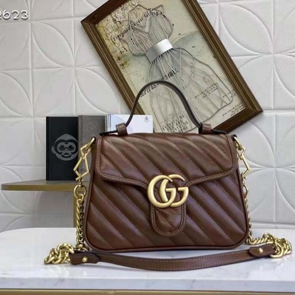 Gucci Women GG Marmont Small Top Handle Bag Brown Diagonal Matelassé Leather (2)