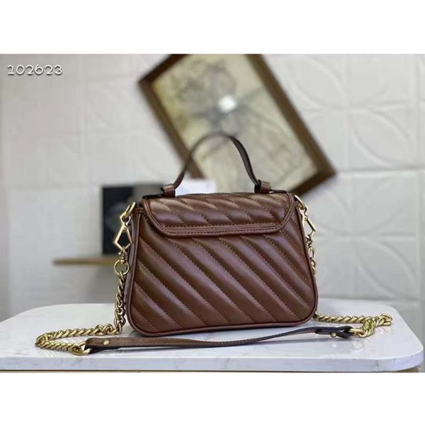 Gucci Women GG Marmont Small Top Handle Bag Brown Diagonal Matelassé Leather (3)