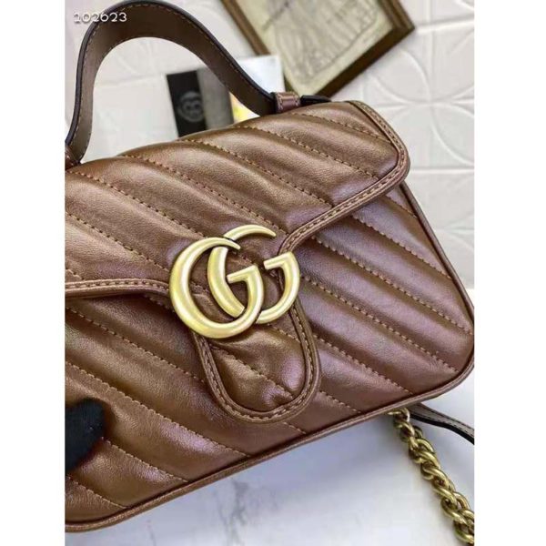 Gucci Women GG Marmont Small Top Handle Bag Brown Diagonal Matelassé Leather (6)