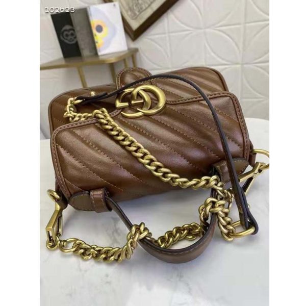 Gucci Women GG Marmont Small Top Handle Bag Brown Diagonal Matelassé Leather (7)