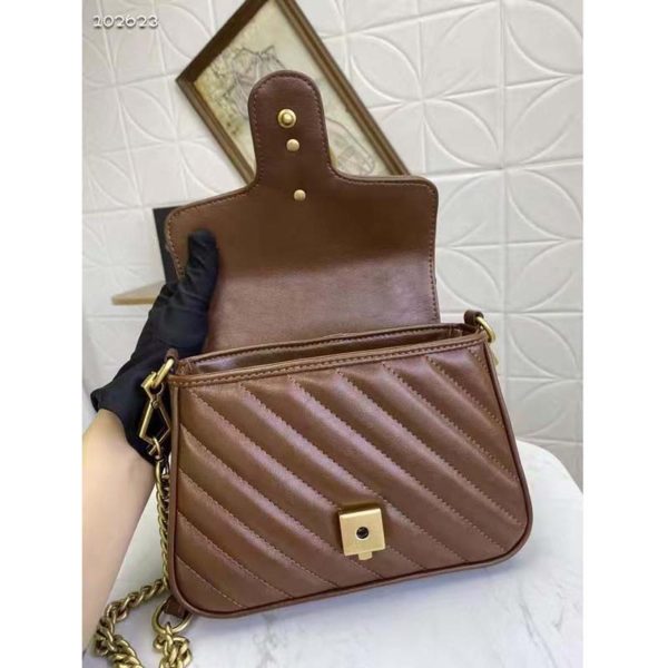 Gucci Women GG Marmont Small Top Handle Bag Brown Diagonal Matelassé Leather (8)