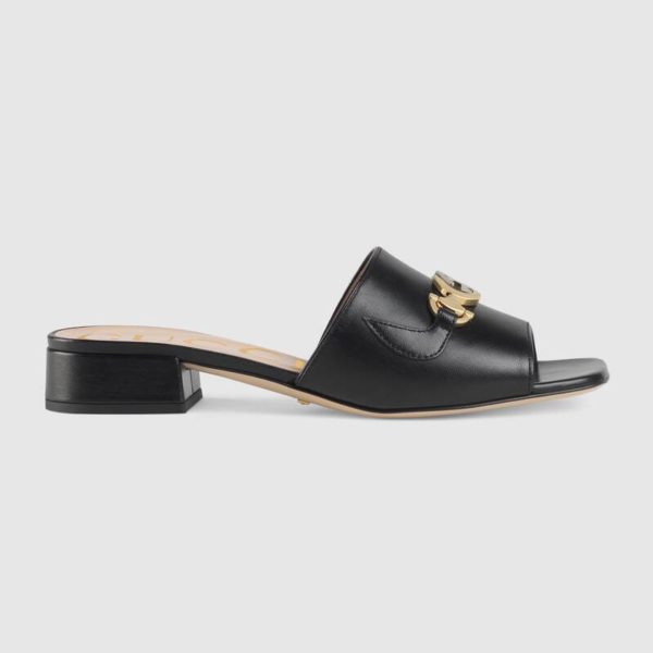 Gucci Women Zumi Leather Slide Sandal Interlocking G Horsebit Black Leather 2.5 cm Heel Height