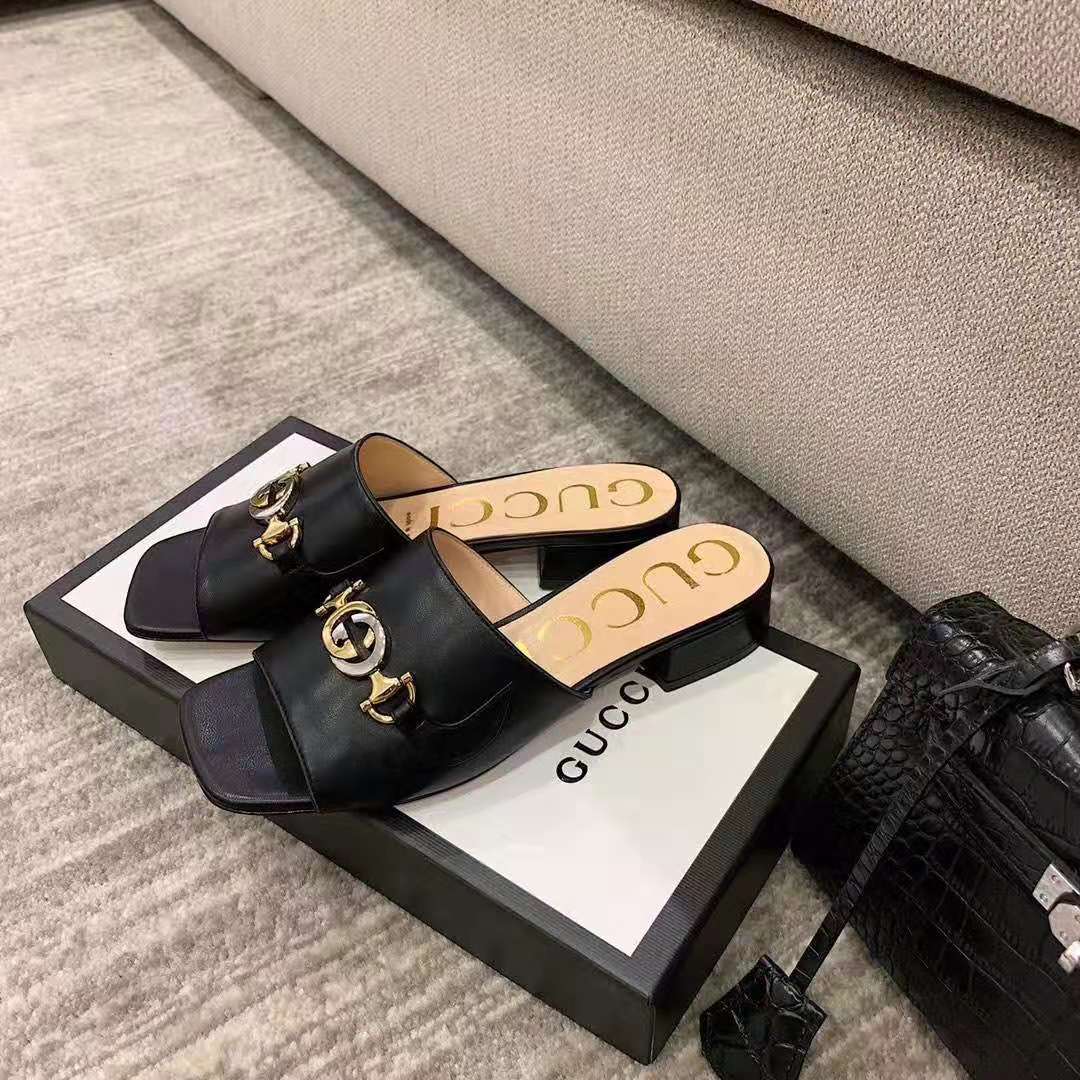 Gucci Women Zumi Leather Slide Sandal Interlocking G Horsebit Black ...