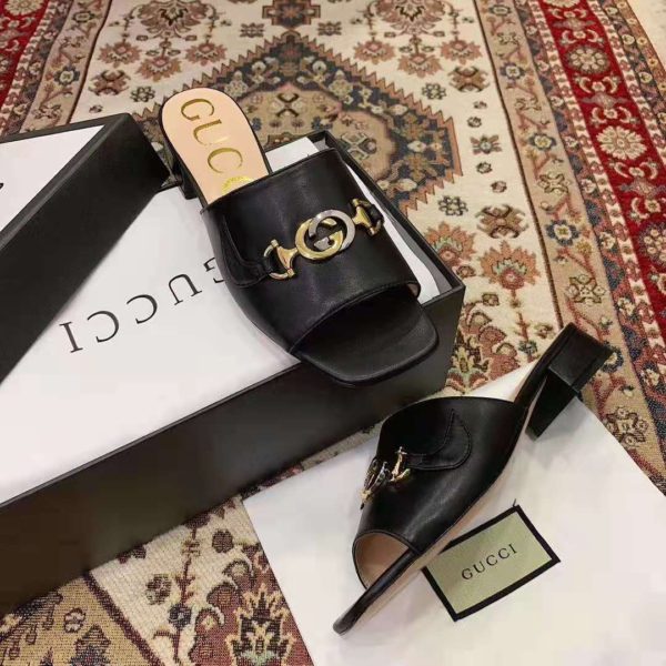 Gucci Women Zumi Leather Slide Sandal Interlocking G Horsebit Black Leather 2.5 cm Heel Height (5)