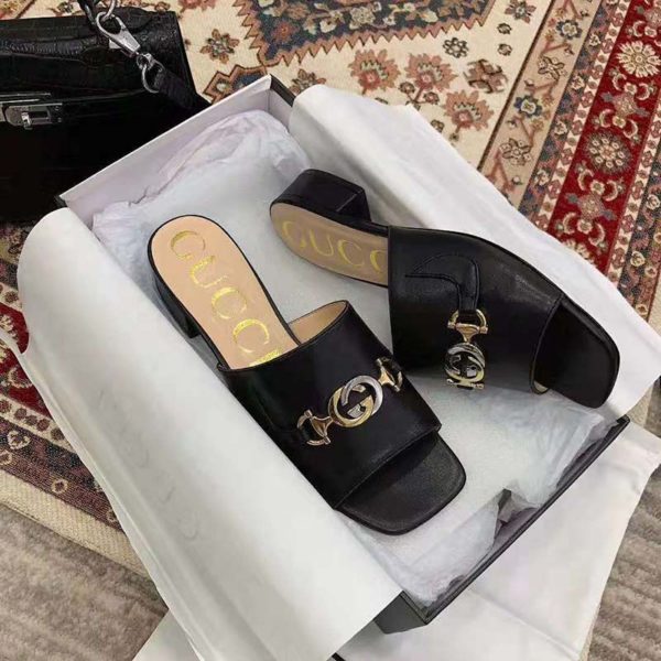 Gucci Women Zumi Leather Slide Sandal Interlocking G Horsebit Black Leather 2.5 cm Heel Height (7)