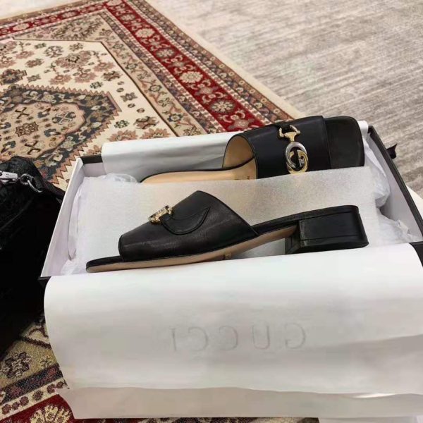 Gucci Women Zumi Leather Slide Sandal Interlocking G Horsebit Black Leather 2.5 cm Heel Height (8)