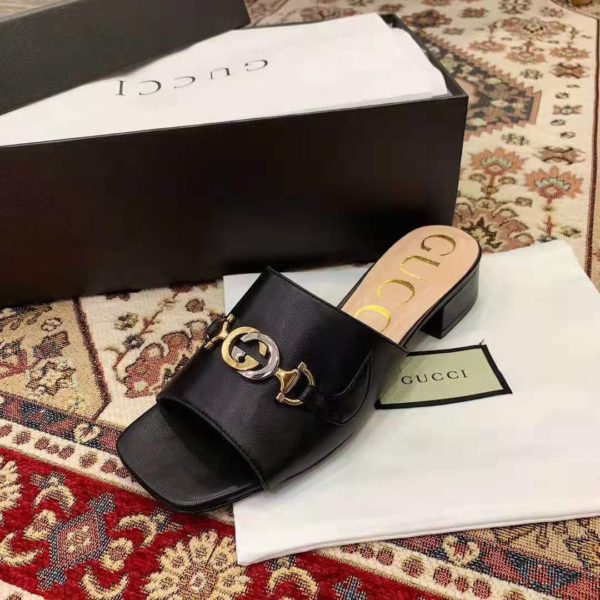 Gucci Women Zumi Leather Slide Sandal Interlocking G Horsebit Black Leather 2.5 cm Heel Height (9)