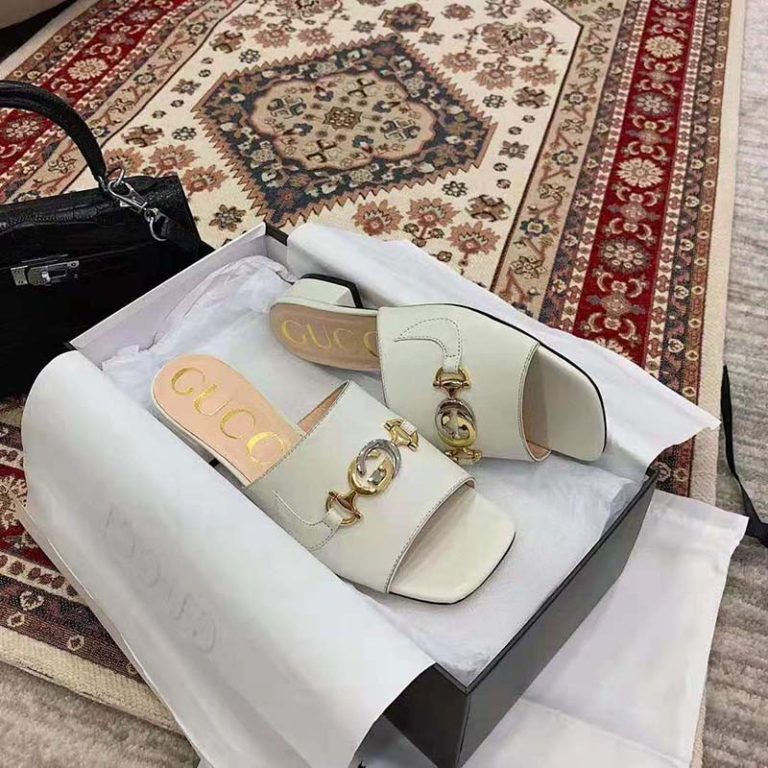 Gucci Women Zumi Leather Slide Sandal Interlocking G Horsebit White Leather 2.5 cm Heel Height 