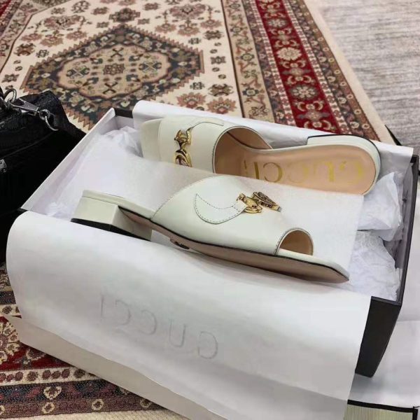 Gucci Women Zumi Leather Slide Sandal Interlocking G Horsebit White Leather 2.5 cm Heel Height (8)